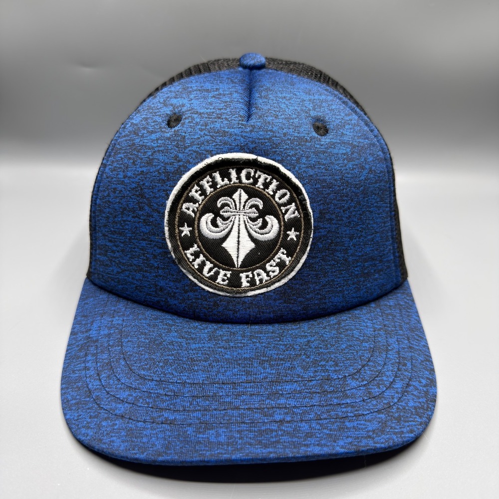 Affliction Mens Live Fast Patch Trucker Hat Black Blue Mesh Snapback HT11891AQ